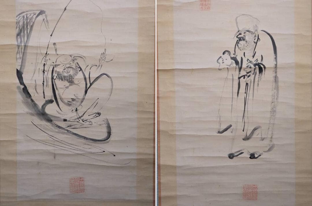 【真作】掛軸　田能村直入　二幅対　文人画人物図　詩文賛あり　共箱入　R101