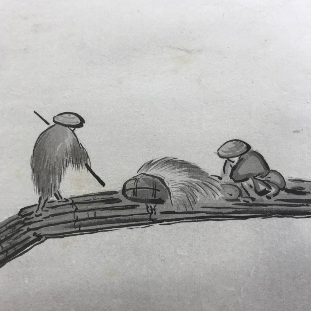 模写/橋本雅邦/山水図/藻刈図/舟漁師図/筏図/掛軸/名家伝来/AE-247