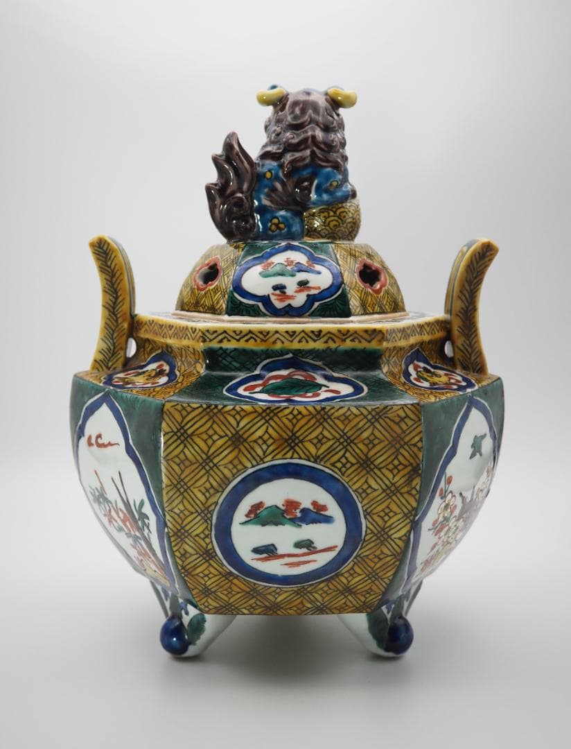古九谷 角福 色絵 松竹梅窓絵 獅子摘 大型香炉