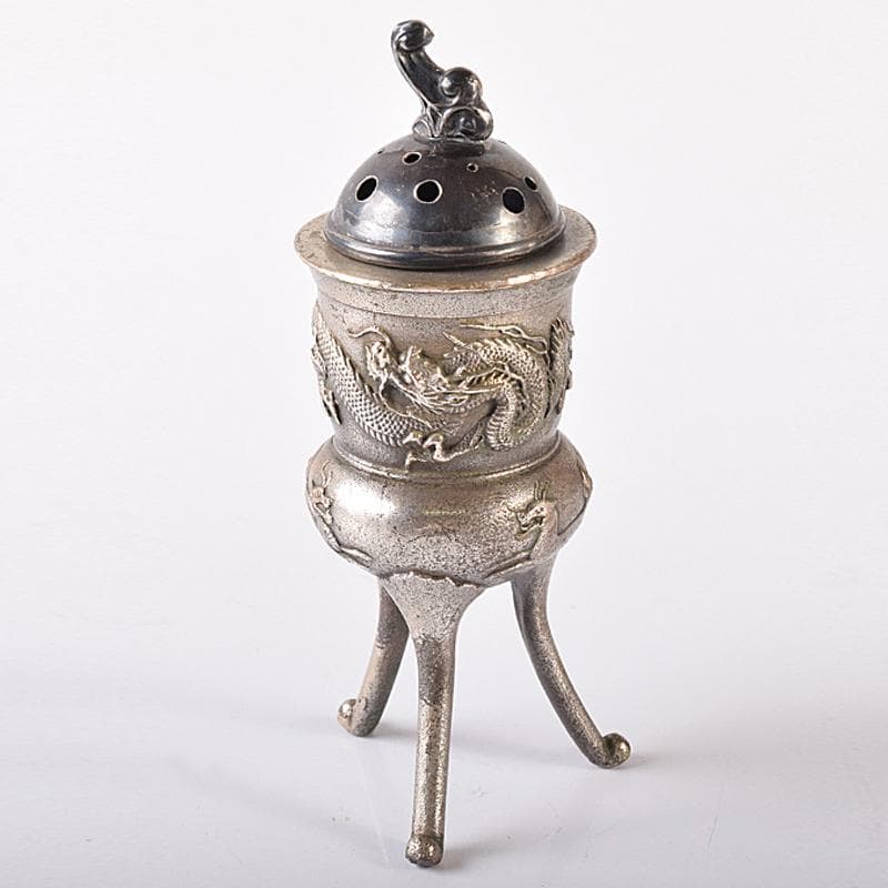 中国　白銅　龍神獣刻　純銀火屋約18g付　三つ足香炉　U　R8073