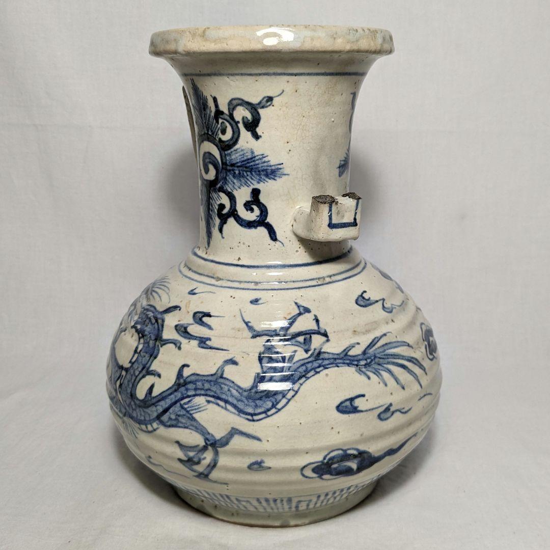 明治大正期 伊万里焼 染付雲龍文耳付花瓶 有田焼 花入 花器 フラワーベース