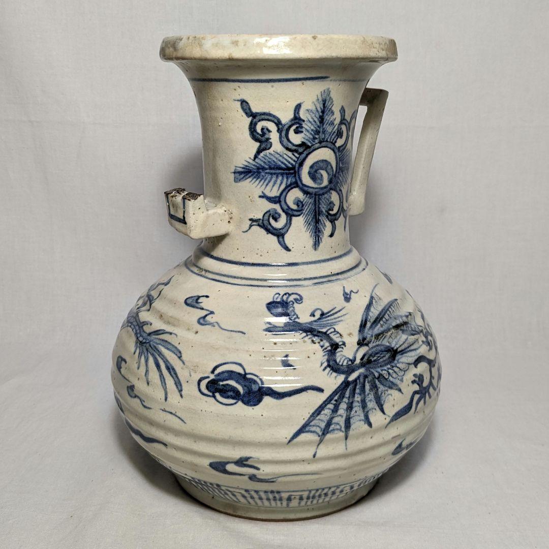 明治大正期 伊万里焼 染付雲龍文耳付花瓶 有田焼 花入 花器 フラワーベース