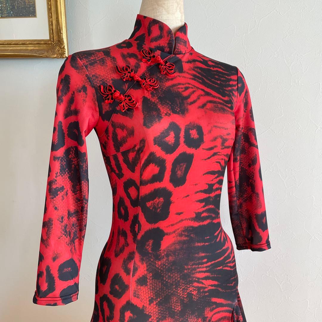 お値下げ【社交ダンス用ドレス】赤黒ヒョウ柄*デモ*レッスン★ラテン★Mサイズ