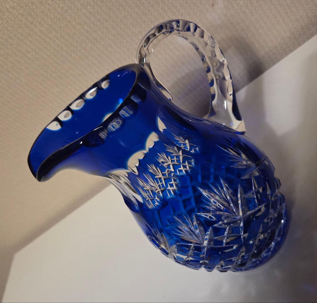 切子 ピッチャー ブルー 手付き