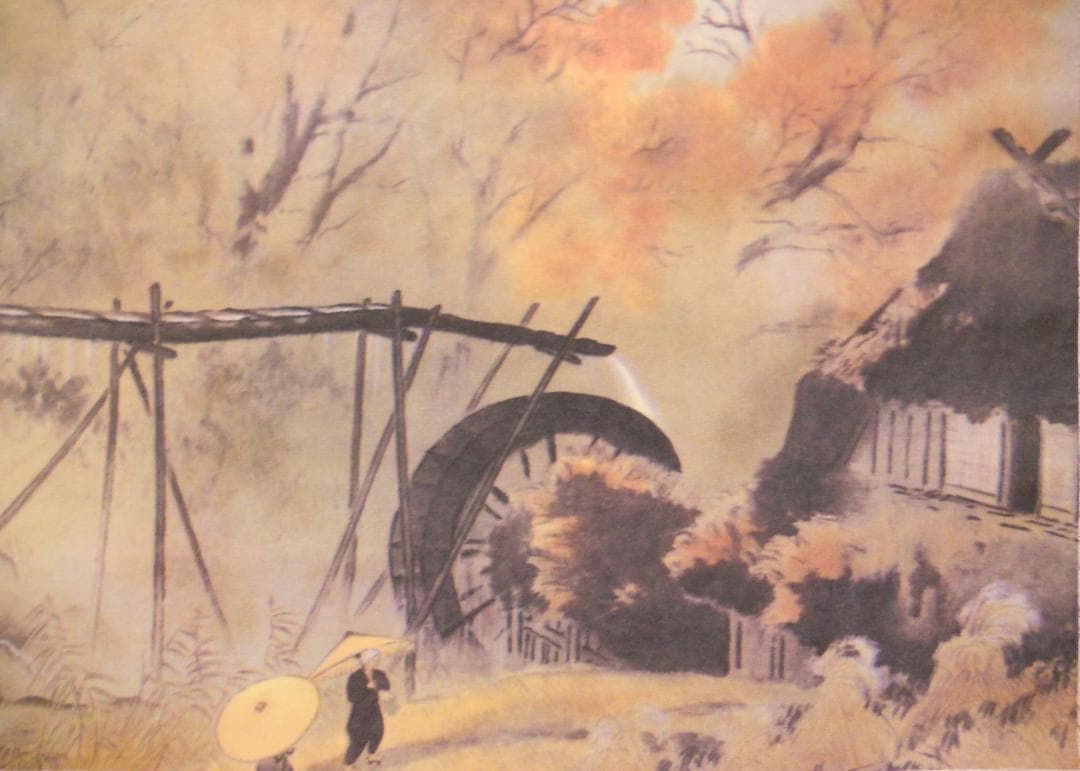 掛け軸 河合玉堂 『 彩雨 』 絹本 名品 複製 希少 軸装 茶道具 掛軸 美品