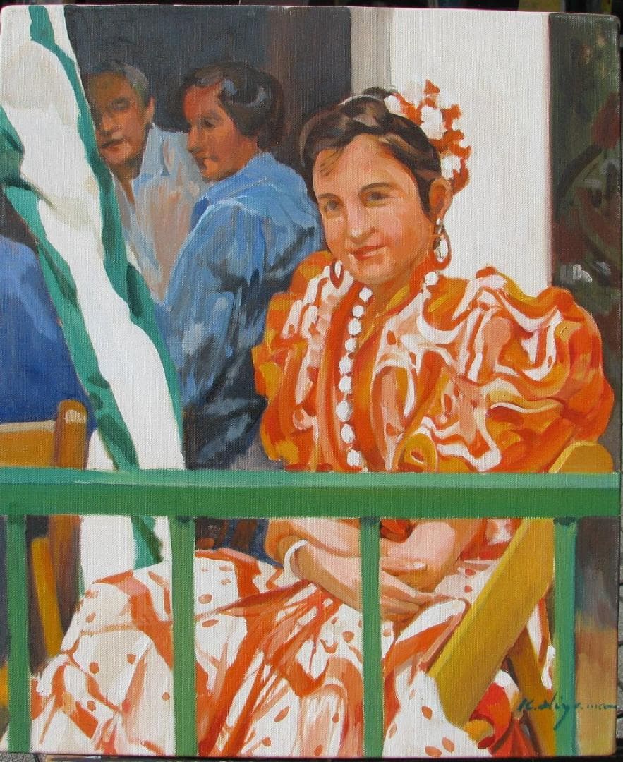 スペインの光と影,檜山健三「祭の日」8号油彩.鮮やかフラメンコのオレンジカラー