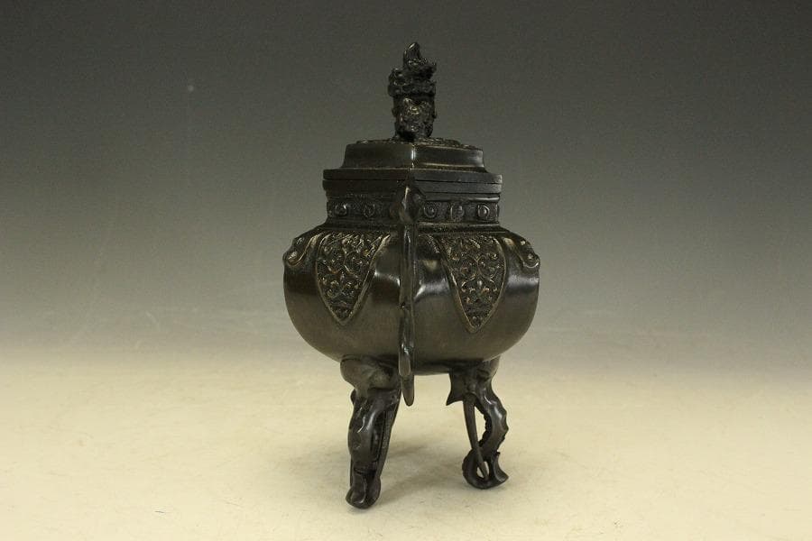 銅製 六角 象足 獅子蓋 香炉 未使用 共箱(LC790)