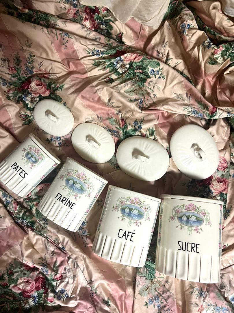 お値下げ　フランスアンティーク　小花&バラ&白鳥　キャニスター　4Pセット　陶器