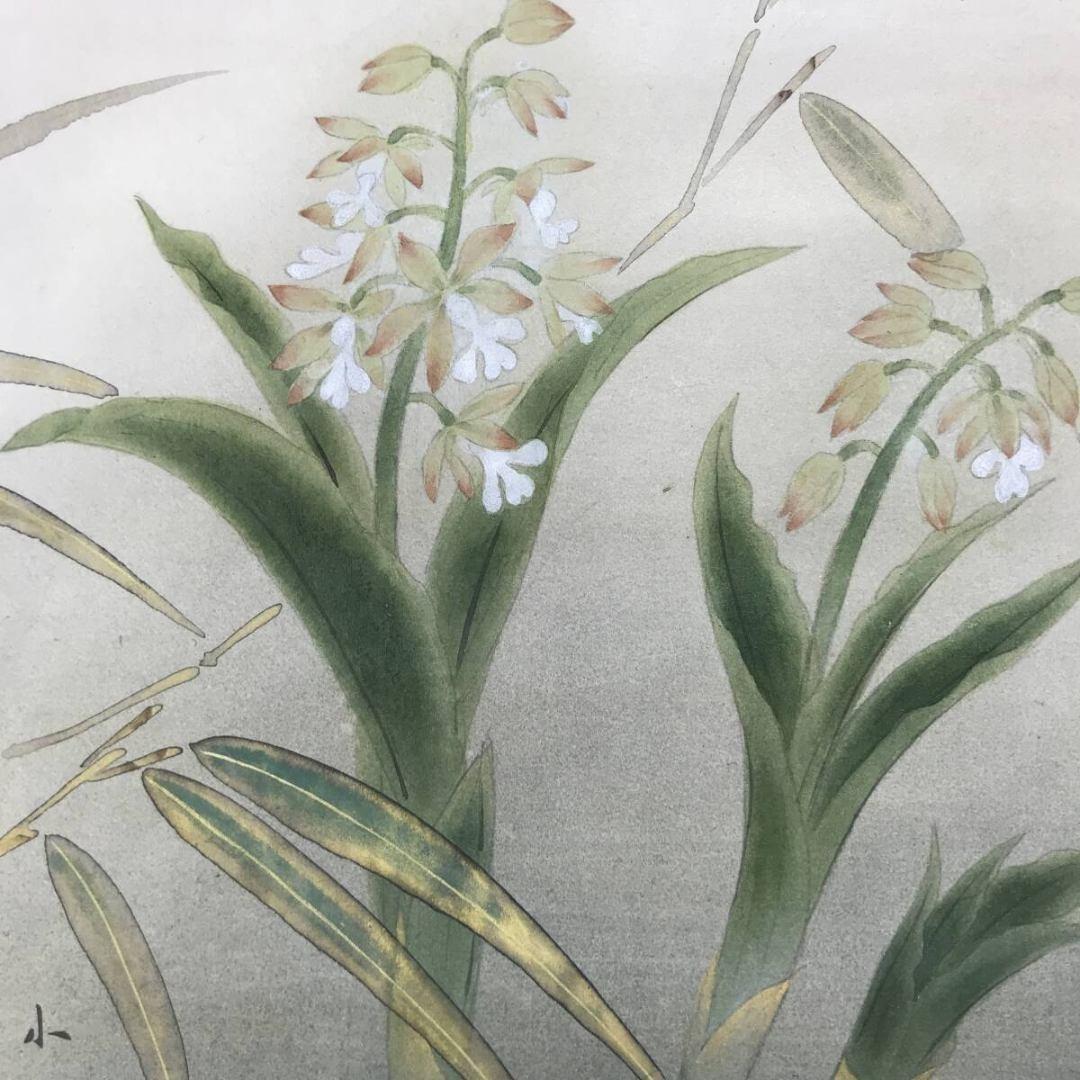 真作/川崎小虎/鶺鴒図/蘭に小禽図/花鳥図/横物/春/掛軸☆宝船☆AK-698