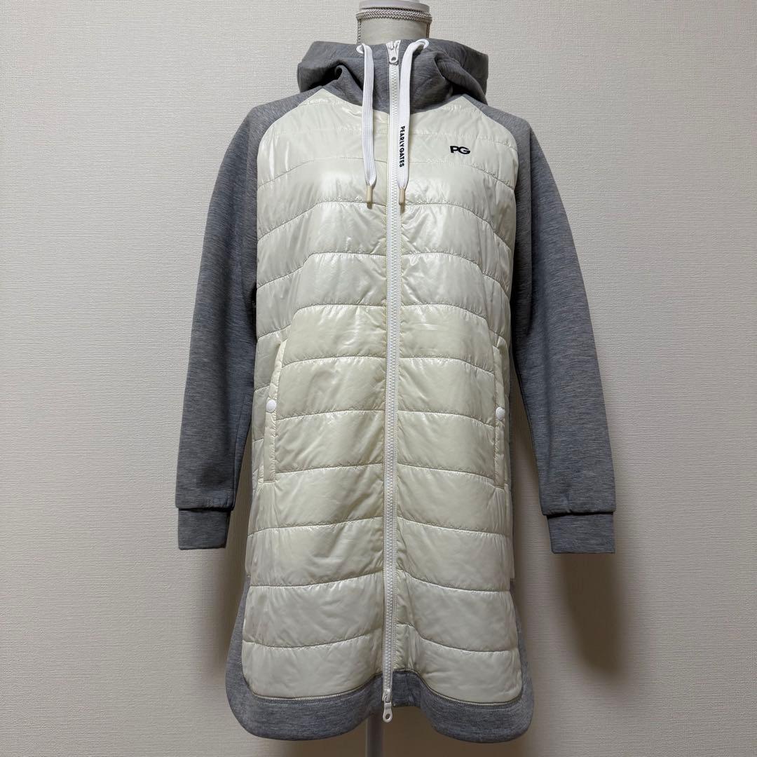 パーリーゲイツ　中綿ロングパーカー　蓄熱裏地　グレー×オフホワイト　ゴルフ