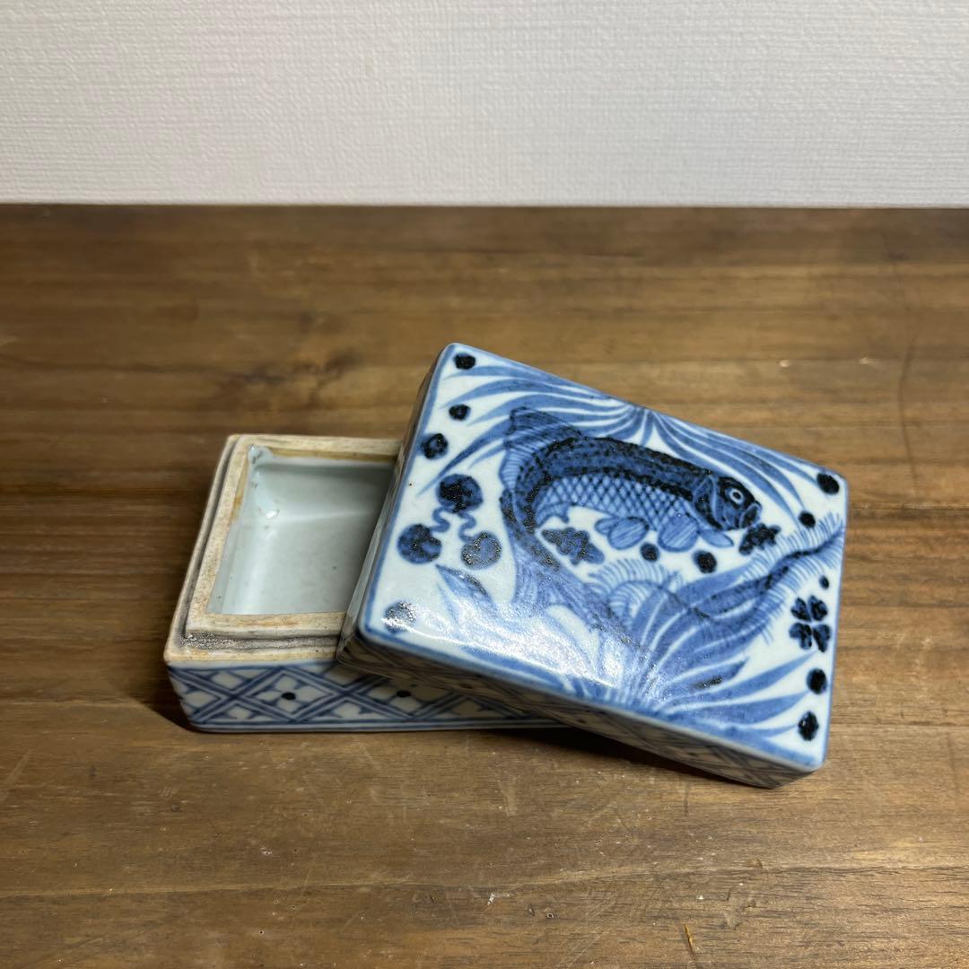 元時代　染付魚藻文香合　元