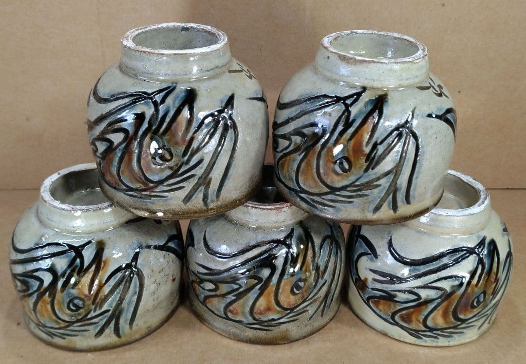 トムトム！【本物保証】金城次郎 湯呑五客 海老魚紋湯呑≪最上位品≫人間国宝