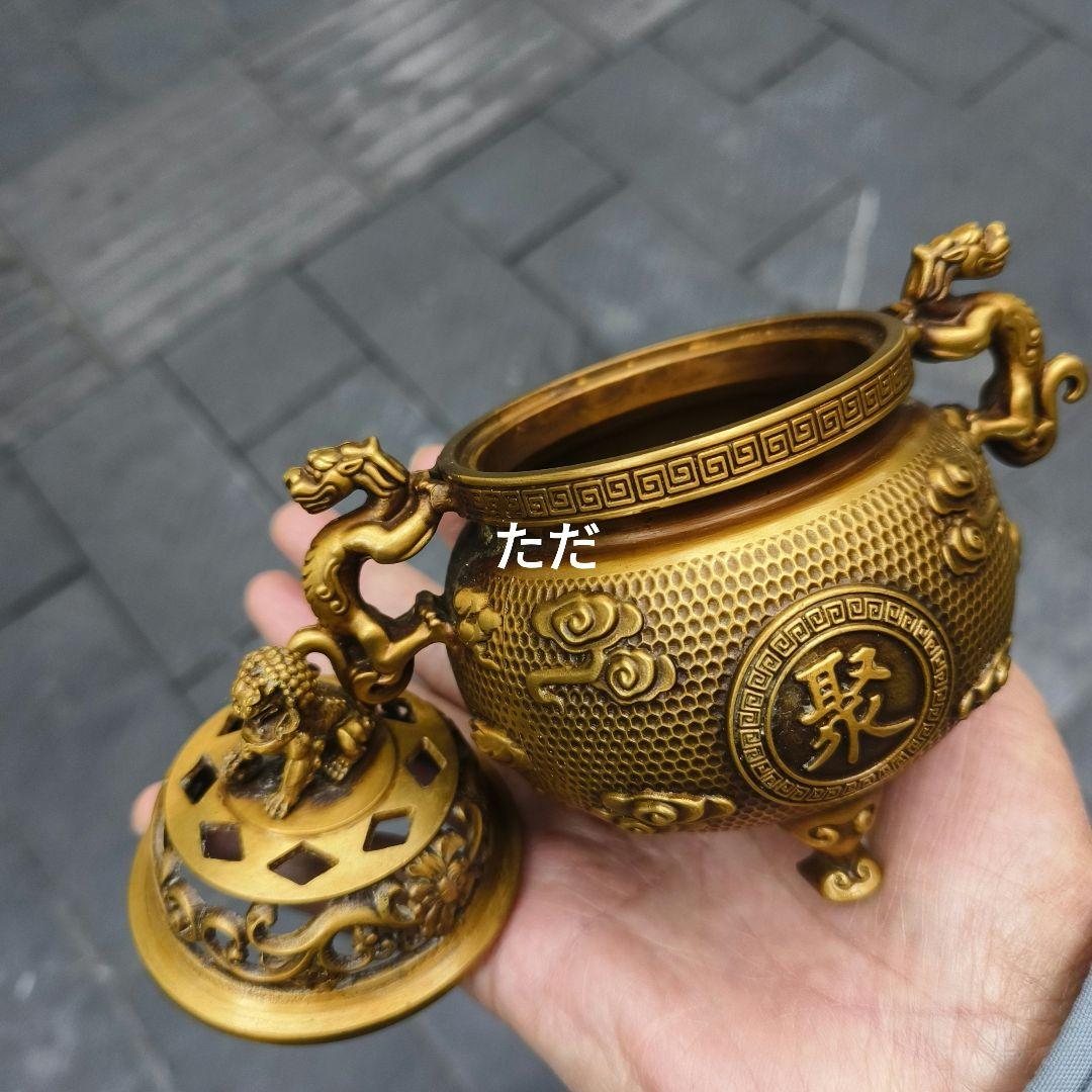 銅器 獅子蓋聚宝盆双耳三足香炉 銅炉 室内薫香炉 工芸品 置物