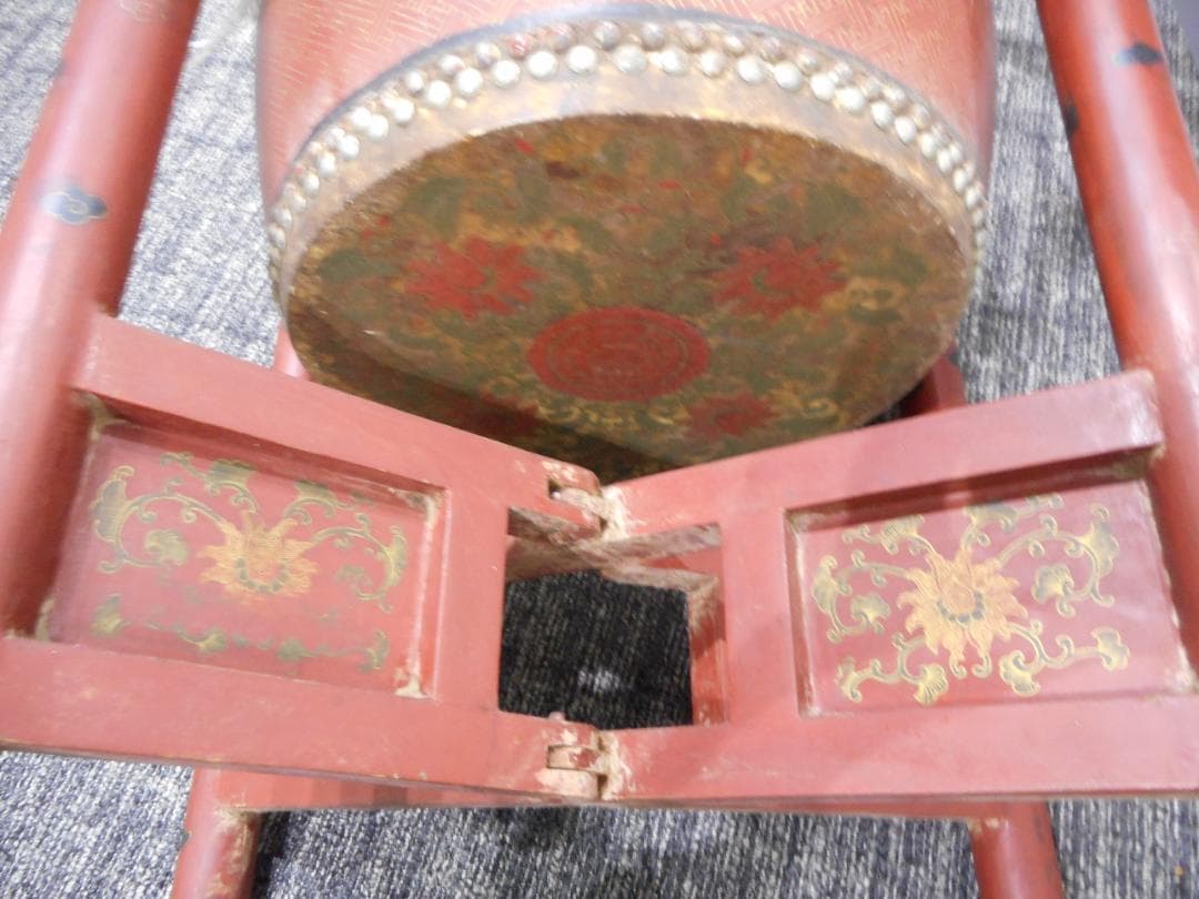 【保管品　中国伝統楽器】堂鼓（タングー、両面太鼓）（専用スタンド、バチ付き）