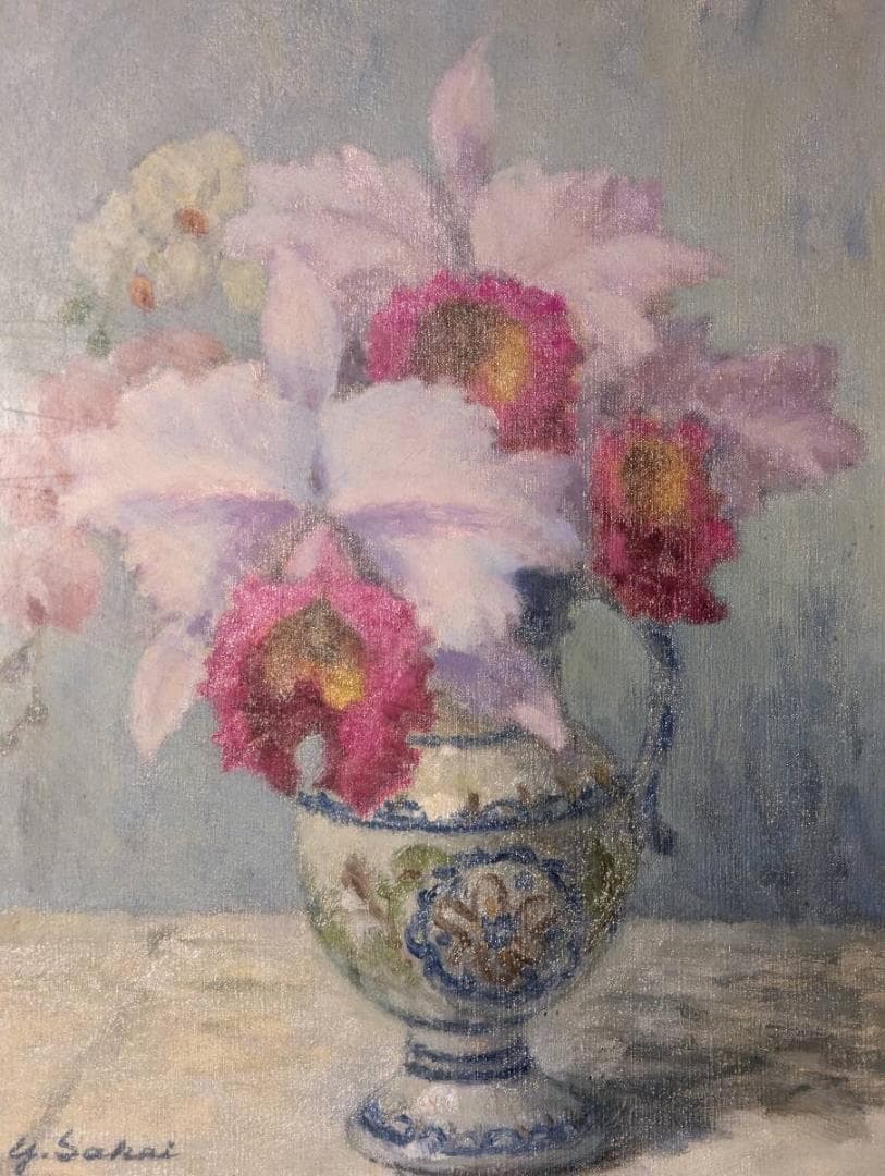 【真作】絵画　境保博　油彩6号　カトレア　優美な静物画　箱入　Y151