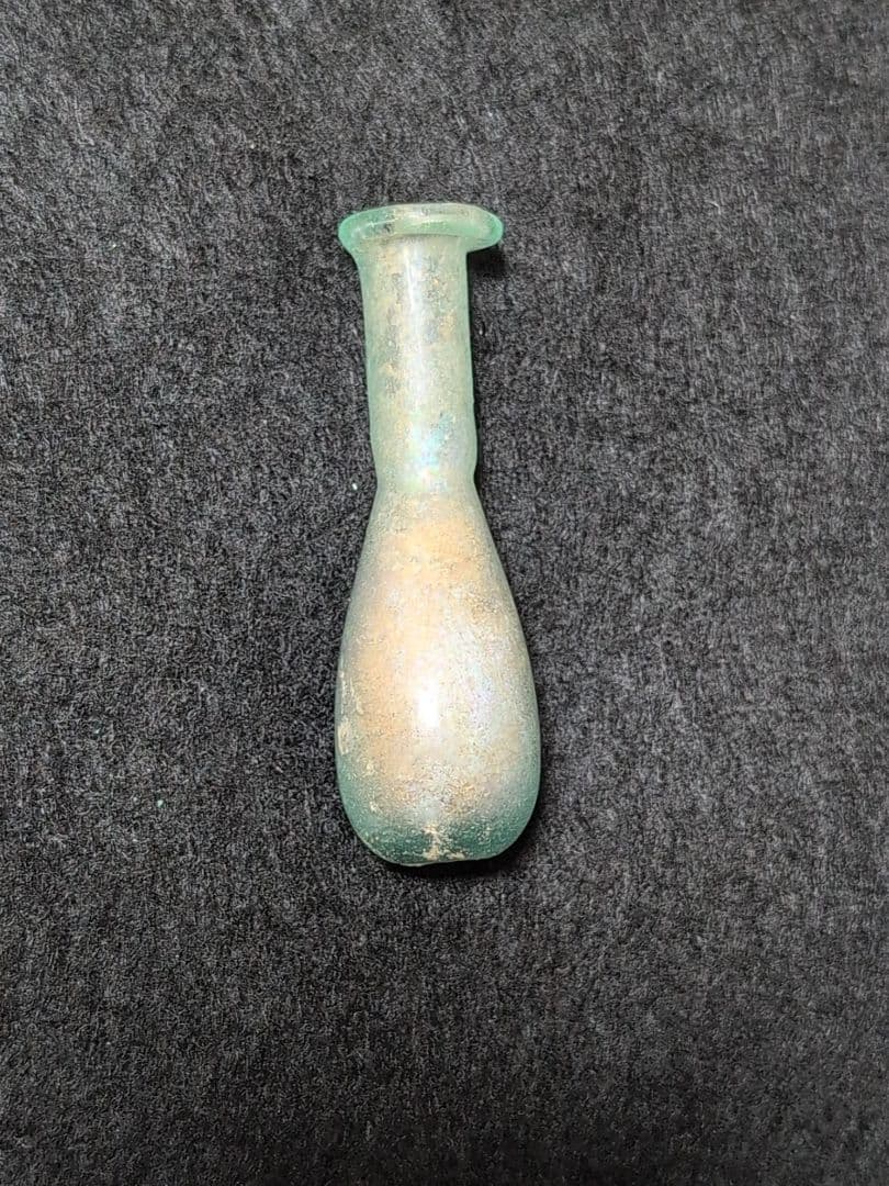 ローマングラス ガラス製細長ボトル 透明 青緑色