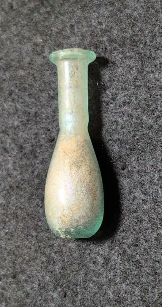 ローマングラス ガラス製細長ボトル 透明 青緑色