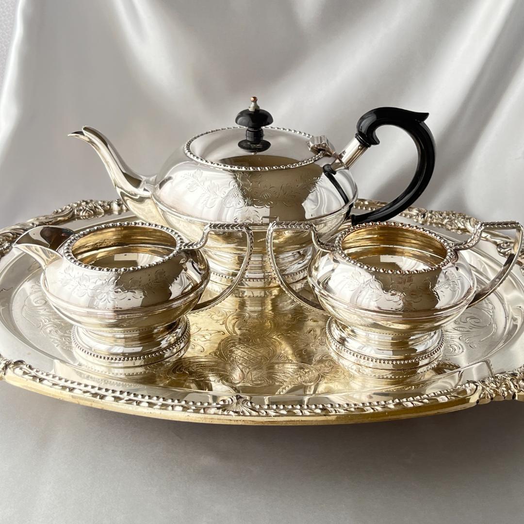 【英国】 パールとエングレイブのティーセット 3点 ティーポット