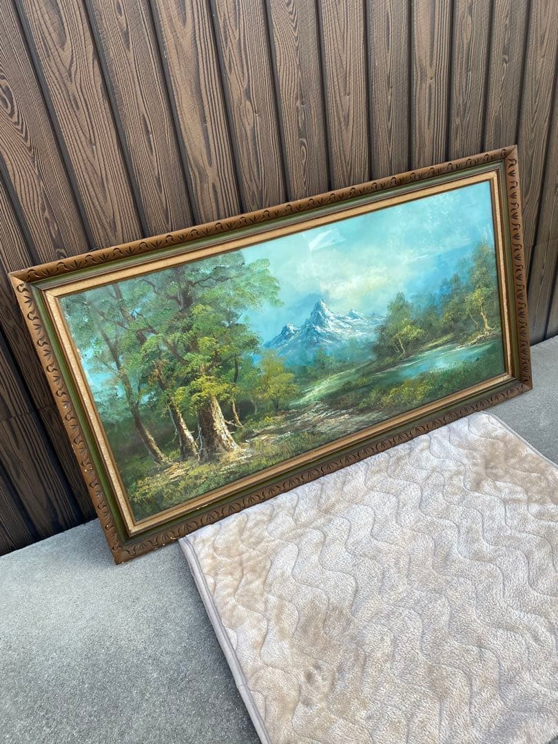 風景画　油彩　木製フレーム付　山水画　特大　大判　アンティーク　絵画