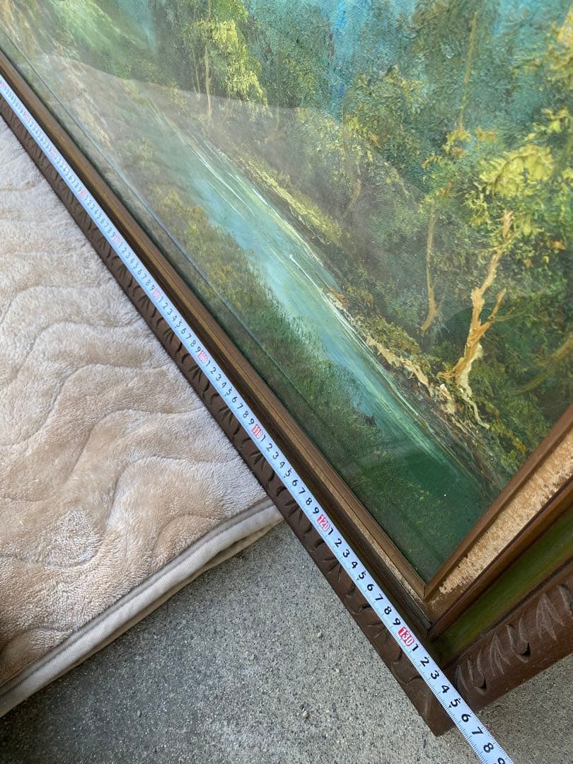 風景画　油彩　木製フレーム付　山水画　特大　大判　アンティーク　絵画