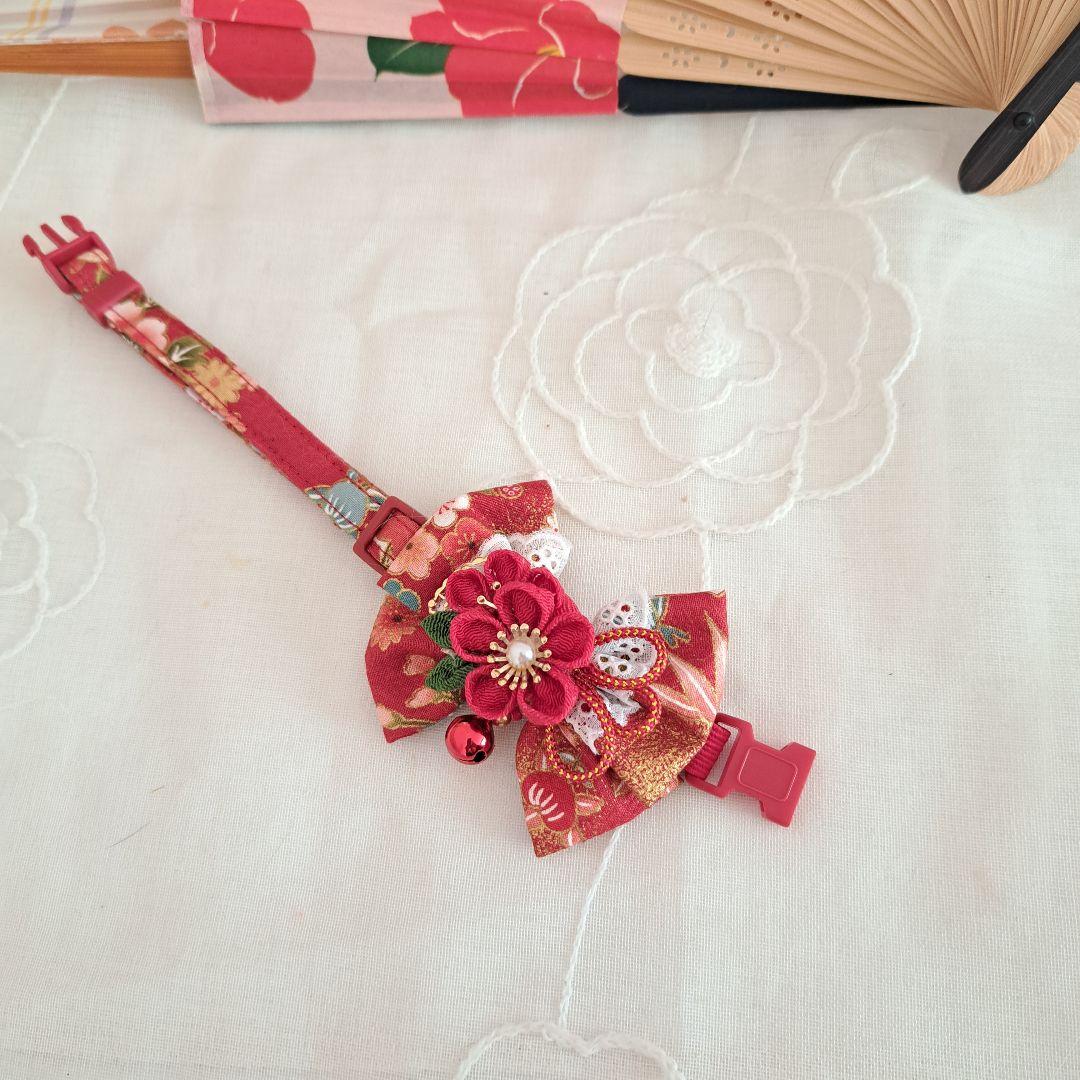 ダブルリボン、和風つまみ細工(赤①)わんちゃん猫ちゃん用首輪