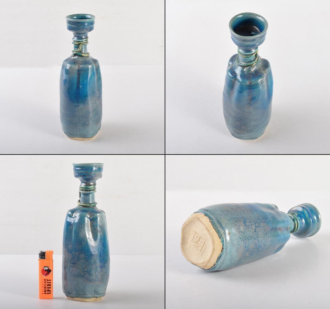 人間国宝　加藤卓男作　青釉　鶴首花生　花瓶 　一輪挿し　共箱　L　R5428