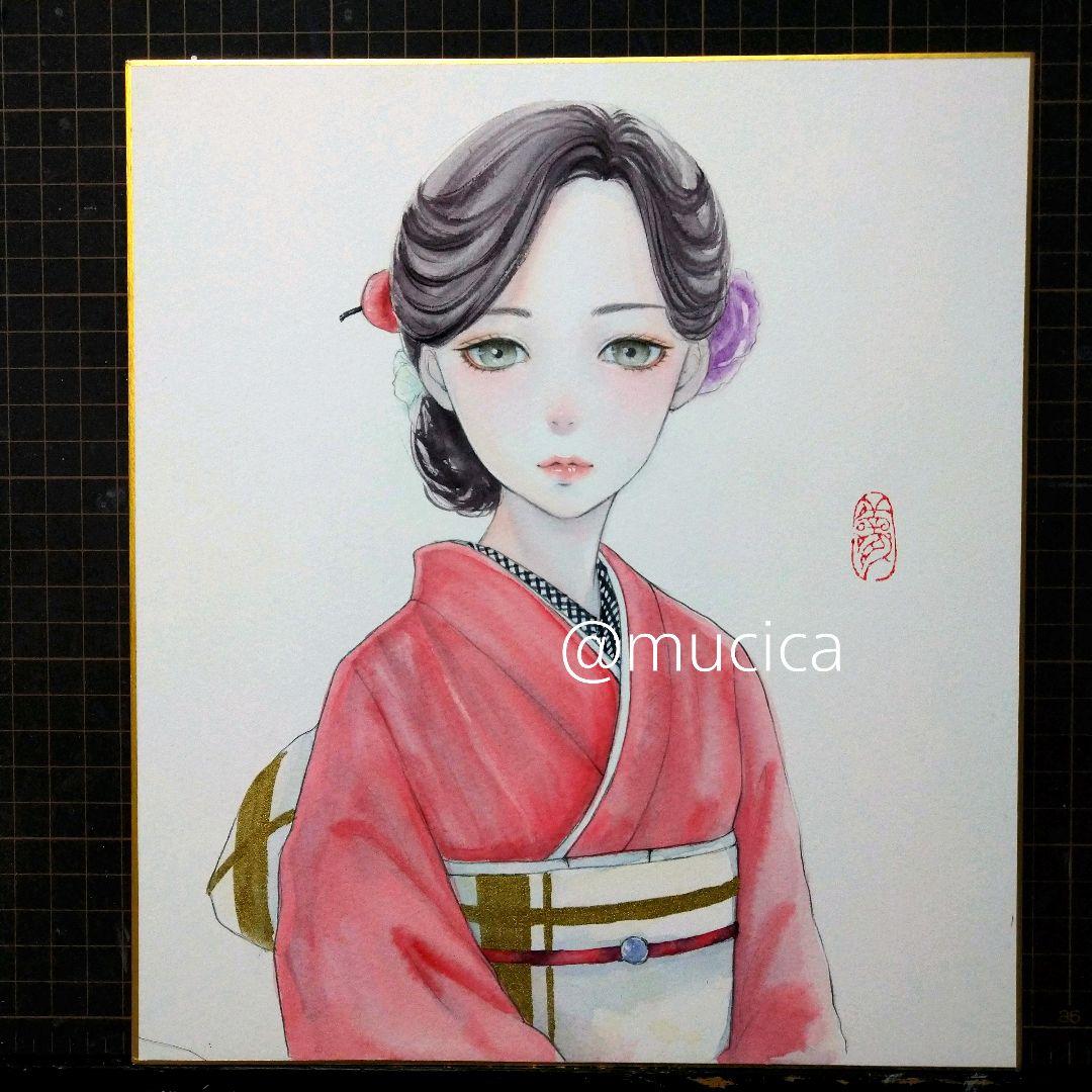 専用　画　美人画　原画　手描きイラスト　水彩画　和装　正月