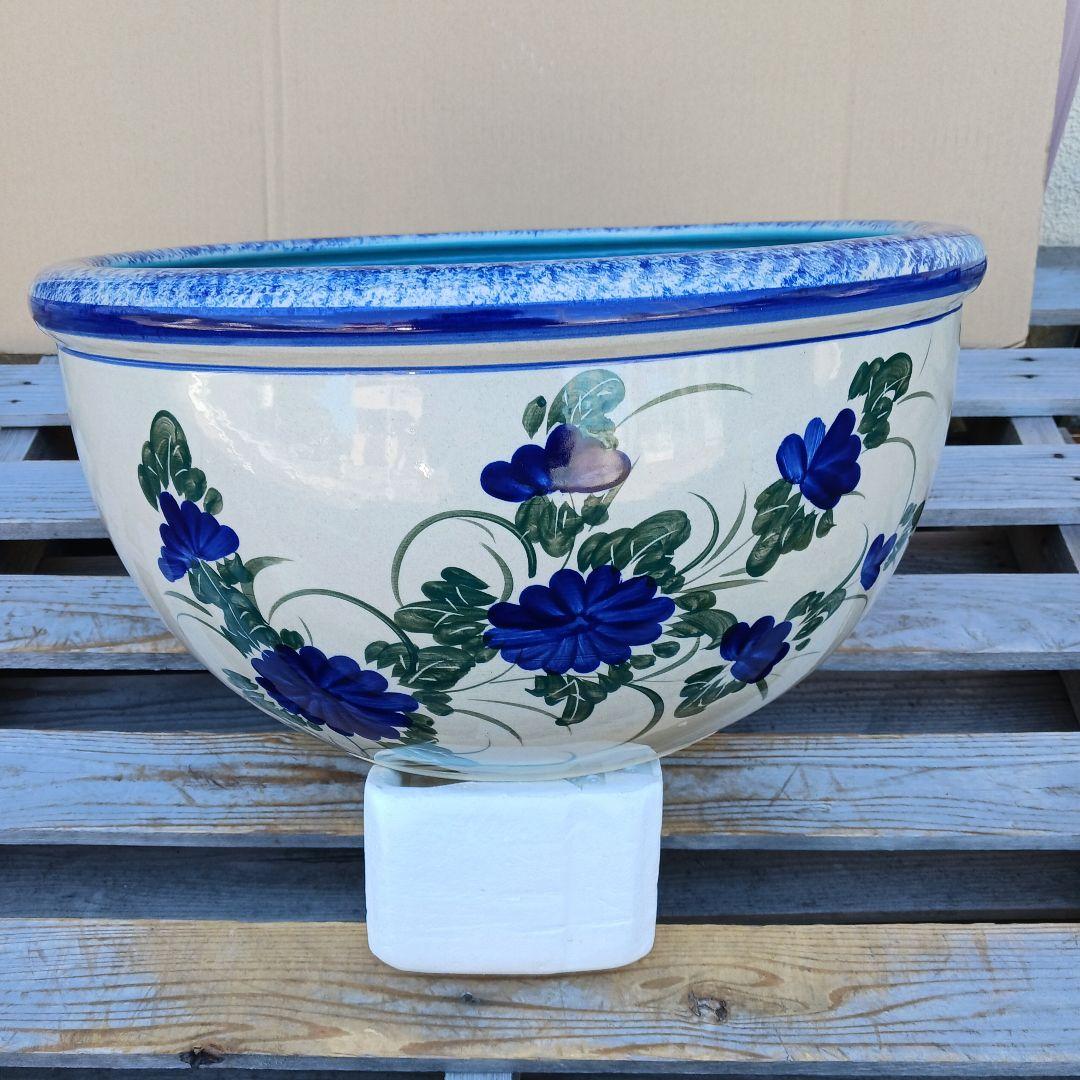 新品　∅50　陶器　睡蓮鉢　特大　メダカ鉢　難有　手書き絵　花柄　手造りLKB2