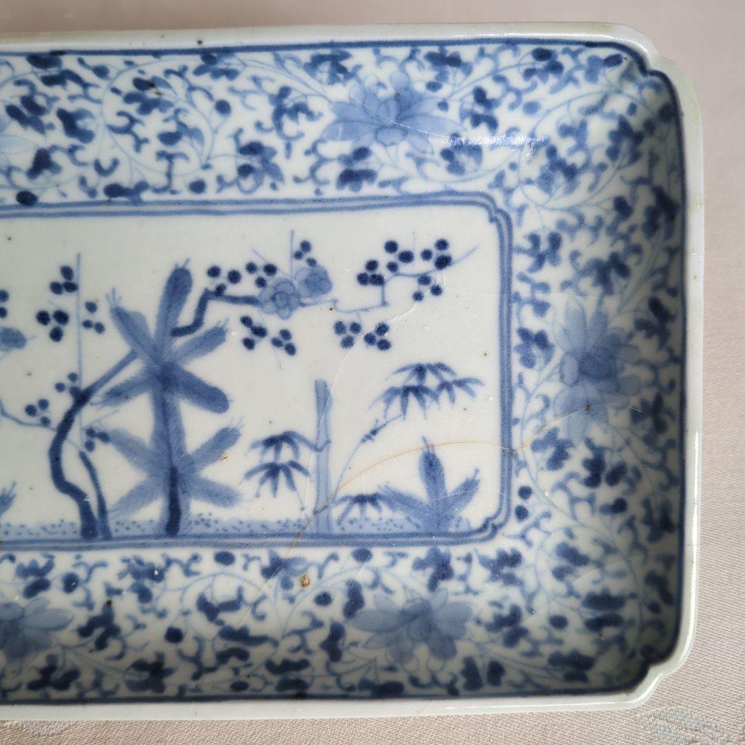 古伊万里 花唐草に松竹梅図 二重角福銘 江戸中期 角皿