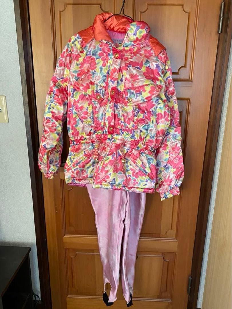 レディースM　90年代初期　スキーウェア　花柄　ピンク　上下　下のみジャパーナ