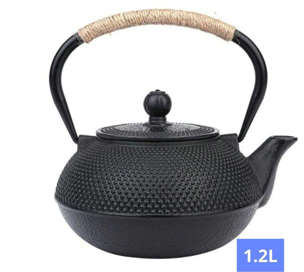 麻紐付き黒色鉄急須 貧血予防に直火可能鉄瓶 1200ML鉄分補給　伝統工芸品