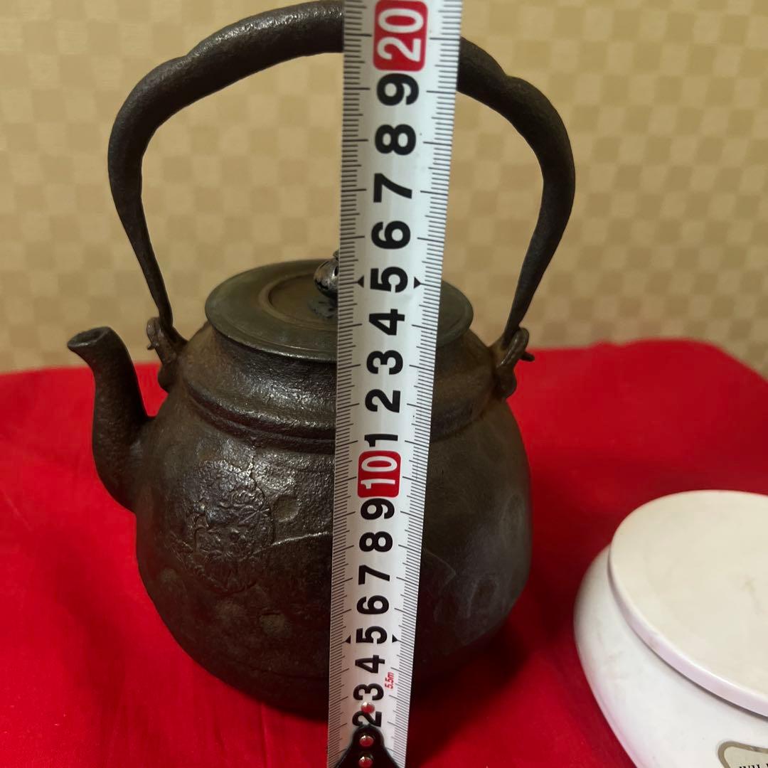 江戸時代　小ぶり650cc 棗形　鉄瓶　斑紫銅蓋龍文堂　煎茶　急須 古美術