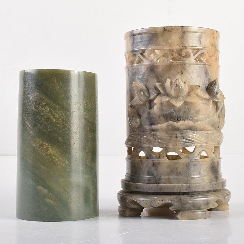 中国　玉石彫刻　蓮刻　玉器　筆筒　二点まとめて　C　R7634