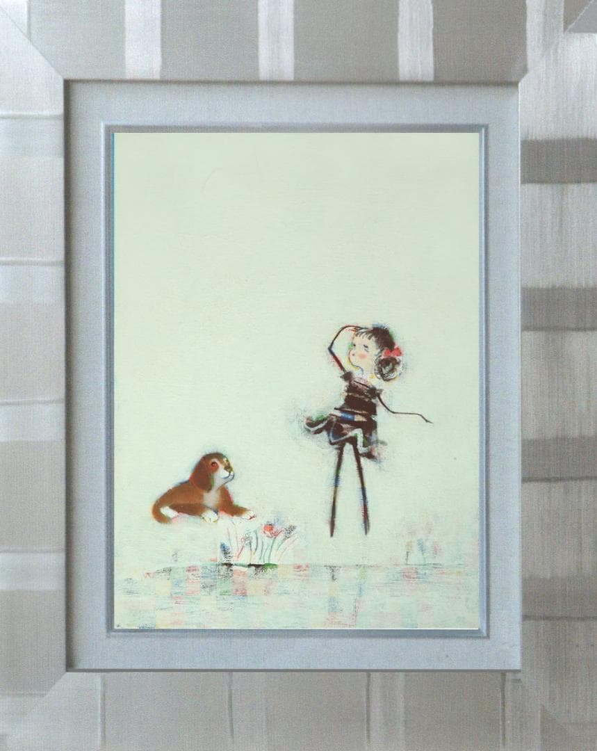 油絵 菅家令子絵 絵画インテリアF4-072319 子犬と女の子 \"飛行機だ～”