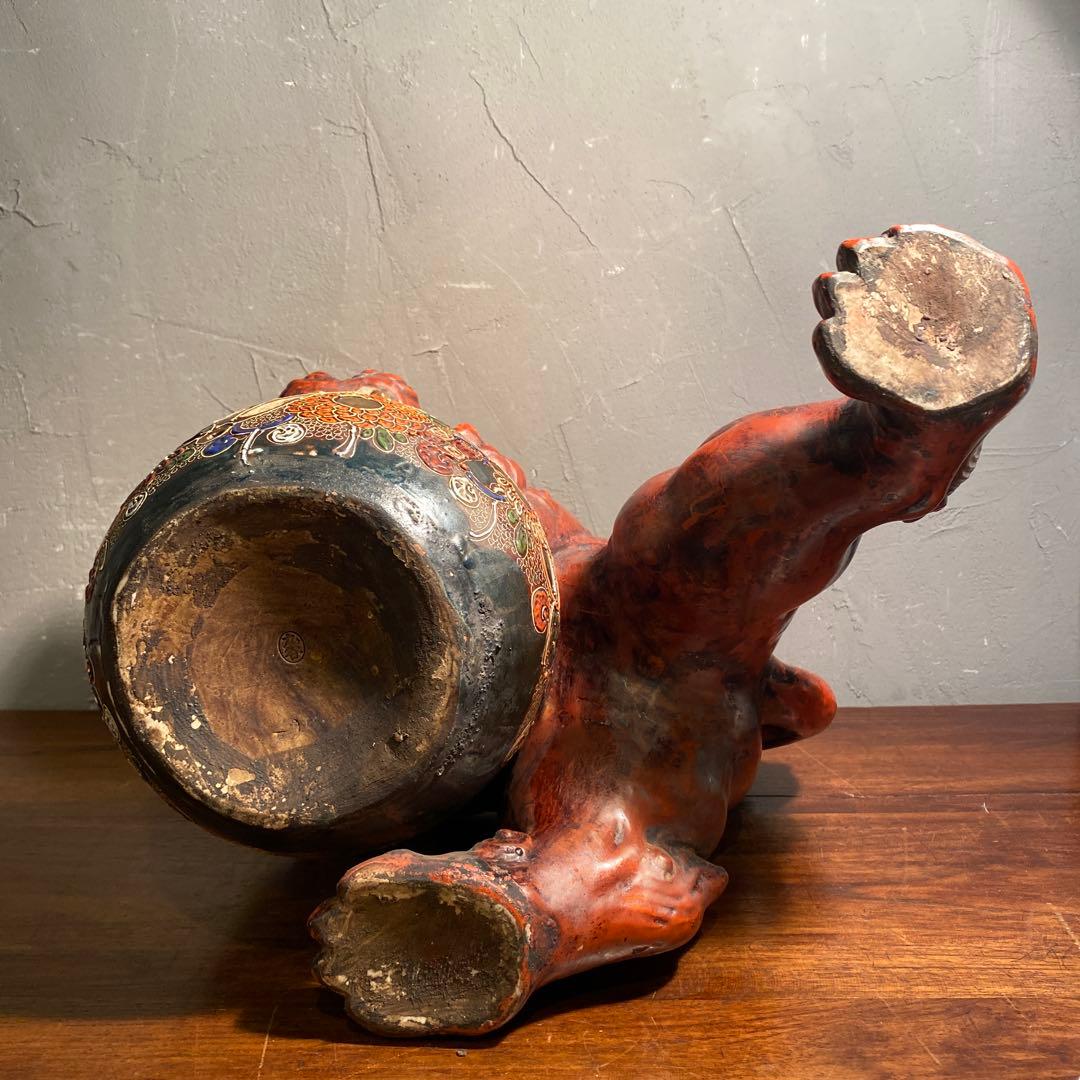 時代物 九谷焼 玉乗り獅子 置物 30cm超え 骨董品 魔除け オブジェ 古手