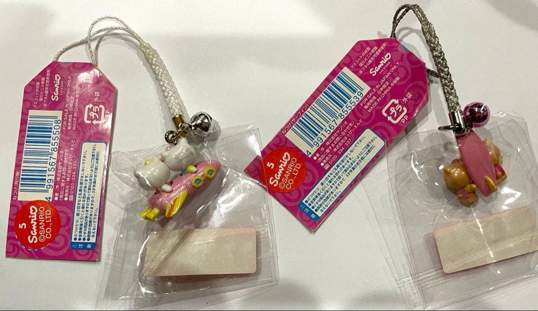 ハローキティ 根付 ストラップ　キティ&ミミイ　飛行機　サーフィン