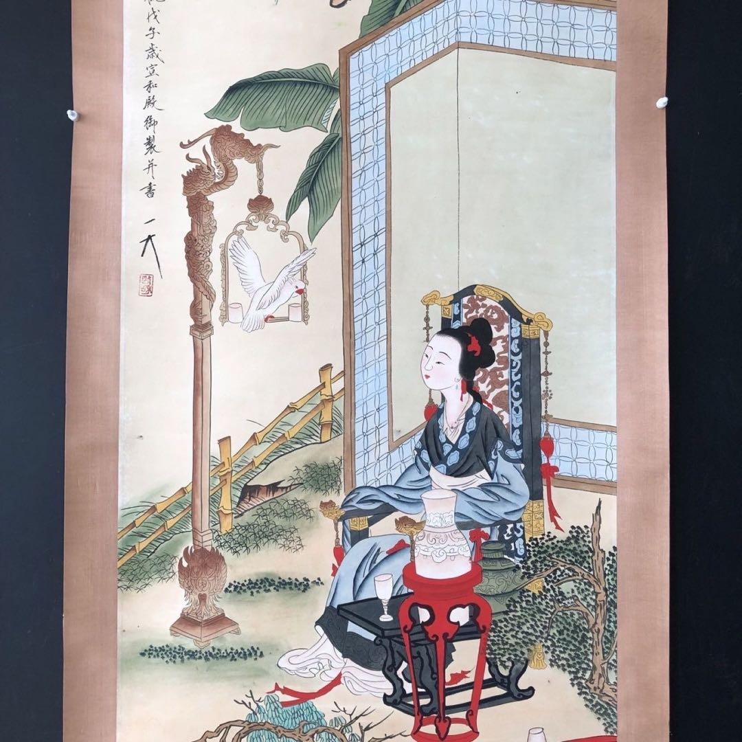中国画 掛け軸 中堂 人物画 仕女 手描き 彩色 中国美術 インテリア