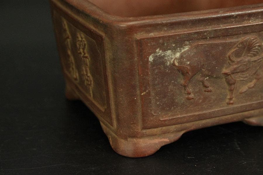 中国美術 朱泥 植木鉢 花盆 鐵画軒製 在銘 四方形 輪花形 一対(HA527)