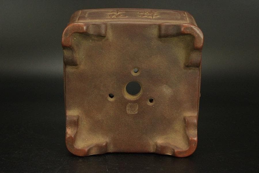 中国美術 朱泥 植木鉢 花盆 鐵画軒製 在銘 四方形 輪花形 一対(HA527)