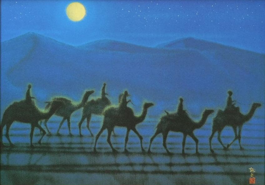 平山郁夫「月光流砂行」工芸画 10号 証明シール 文化勲章 巨匠