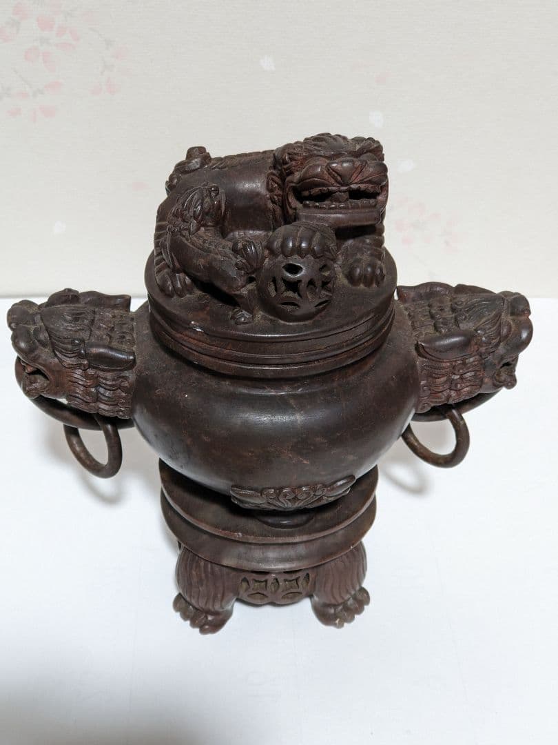 ♦中国 透かし彫り 麒麟 獅子飾り自在遊環双耳四足香炉 手彫り玉石彫刻 骨董品