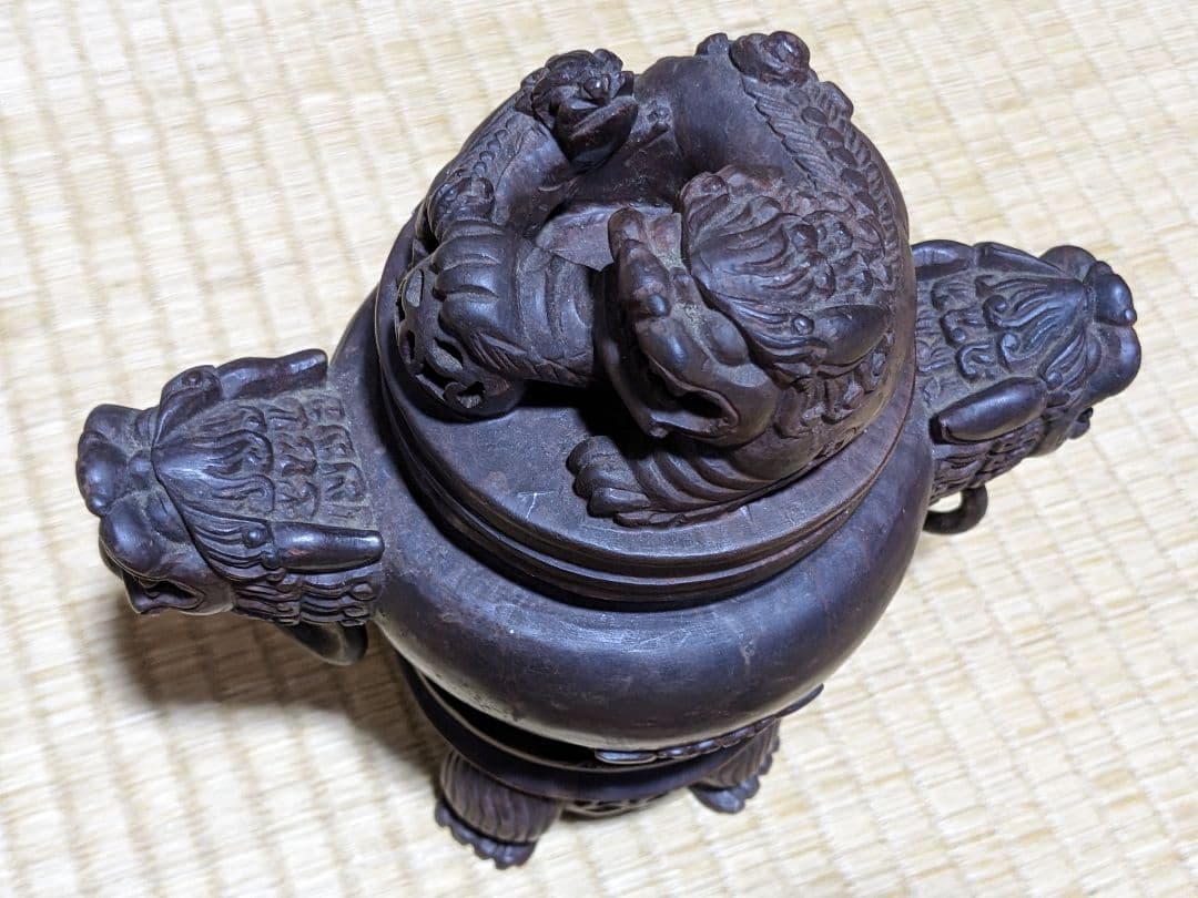 ♦中国 透かし彫り 麒麟 獅子飾り自在遊環双耳四足香炉 手彫り玉石彫刻 骨董品