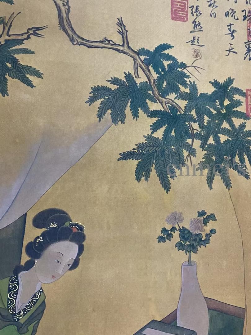中国古美術 明代 仇英款 仕女人物画 掛軸 絹布 唐物 水彩画 名家書画 肉筆