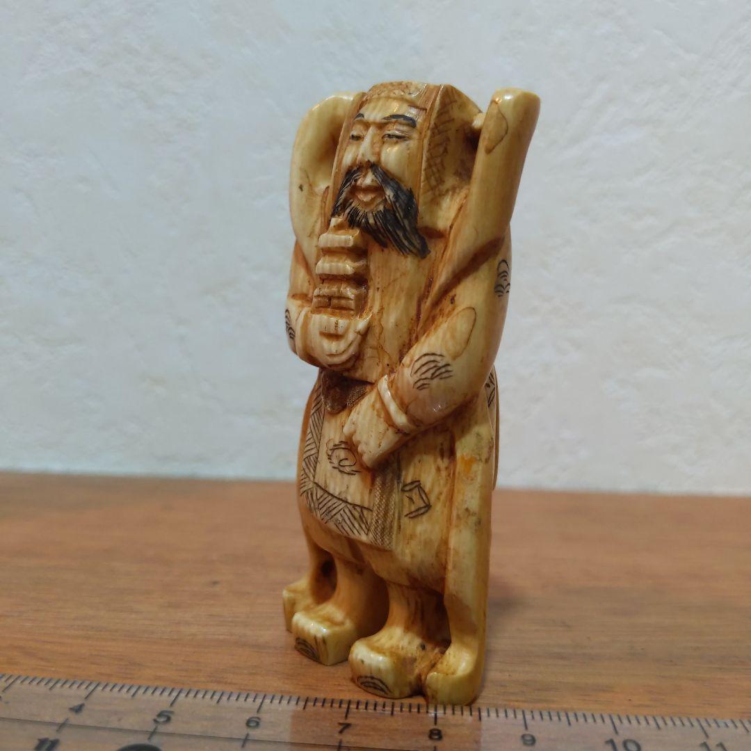 時代提げ物 七福神根付 天然素材 在銘【毘沙門天】高さ約7.5cm 重さ約56ｇ