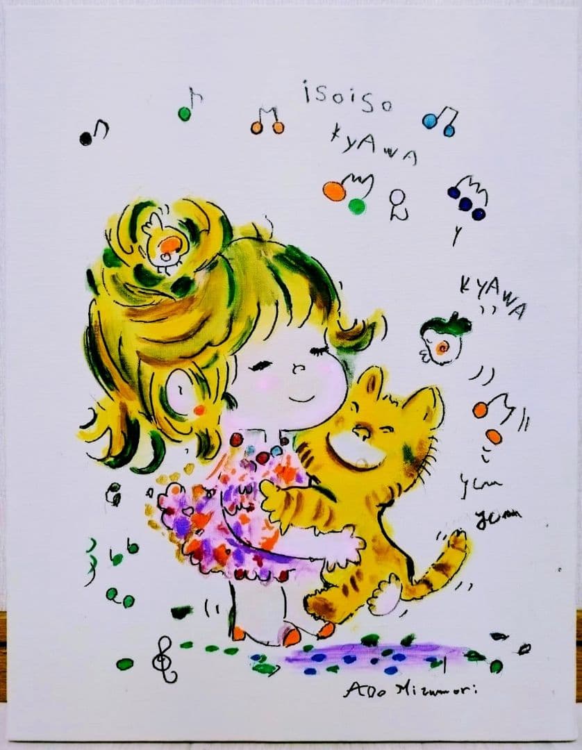 【F6号】水森亜土　手描き作品/表裏サイン・裏描き有/油彩/アクリル/額縁/額装