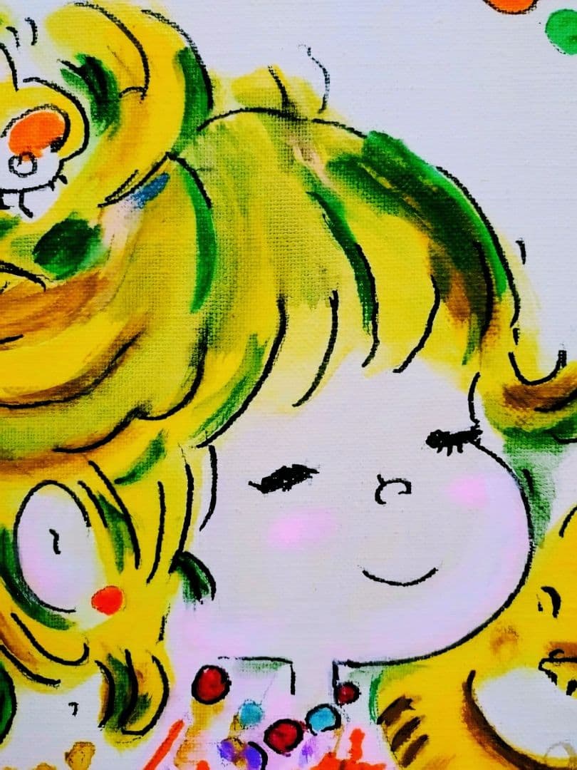 【F6号】水森亜土　手描き作品/表裏サイン・裏描き有/油彩/アクリル/額縁/額装