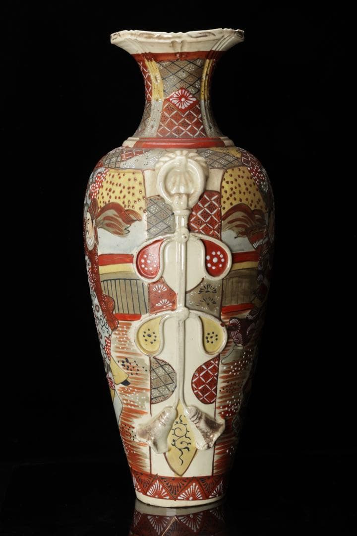 薩摩焼 色絵金彩 武者人物図大花瓶 54㎝ 耳付 飾壺 古美術 骨董品 時代物