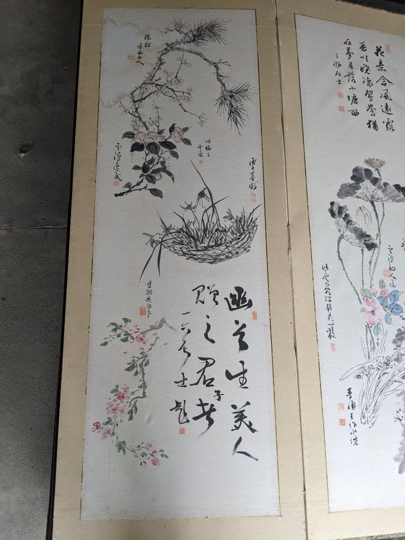 明治/六曲屏風 木箱セット/明治期書画家の合作/希少骨董古美術vintage