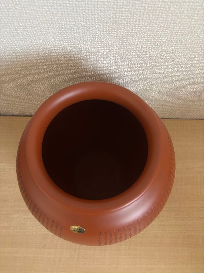 常滑焼　朱泥　花瓶　百人一首掘り　甚秋陶苑　共箱付き