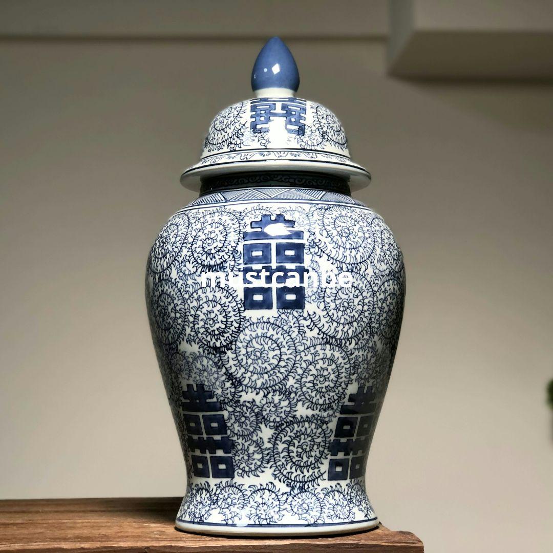 青花喜字将軍缶 景徳鎮 陶磁器 装飾品 現代工芸品 美術品 置物